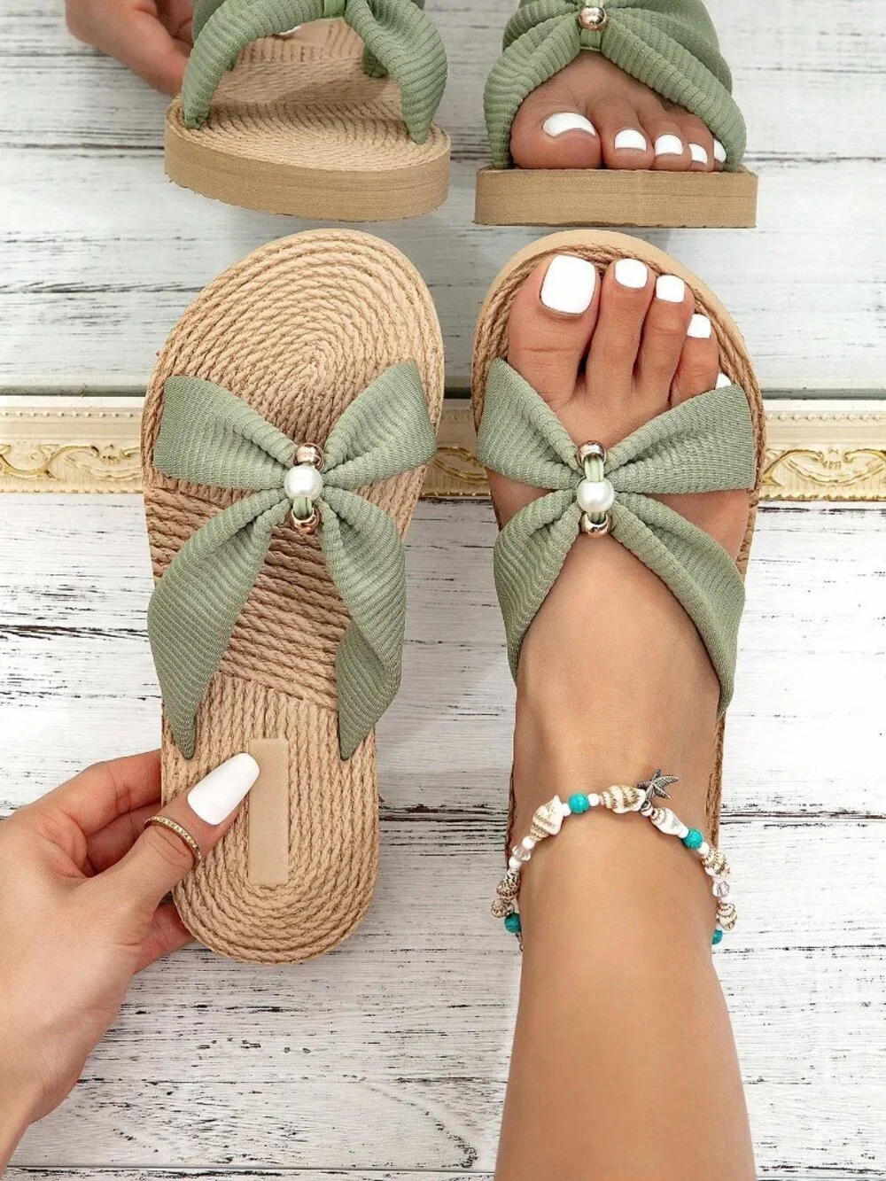 Green Bohemian Women's Flat Open Toe Sandals with Thick Rope Textured Soles
